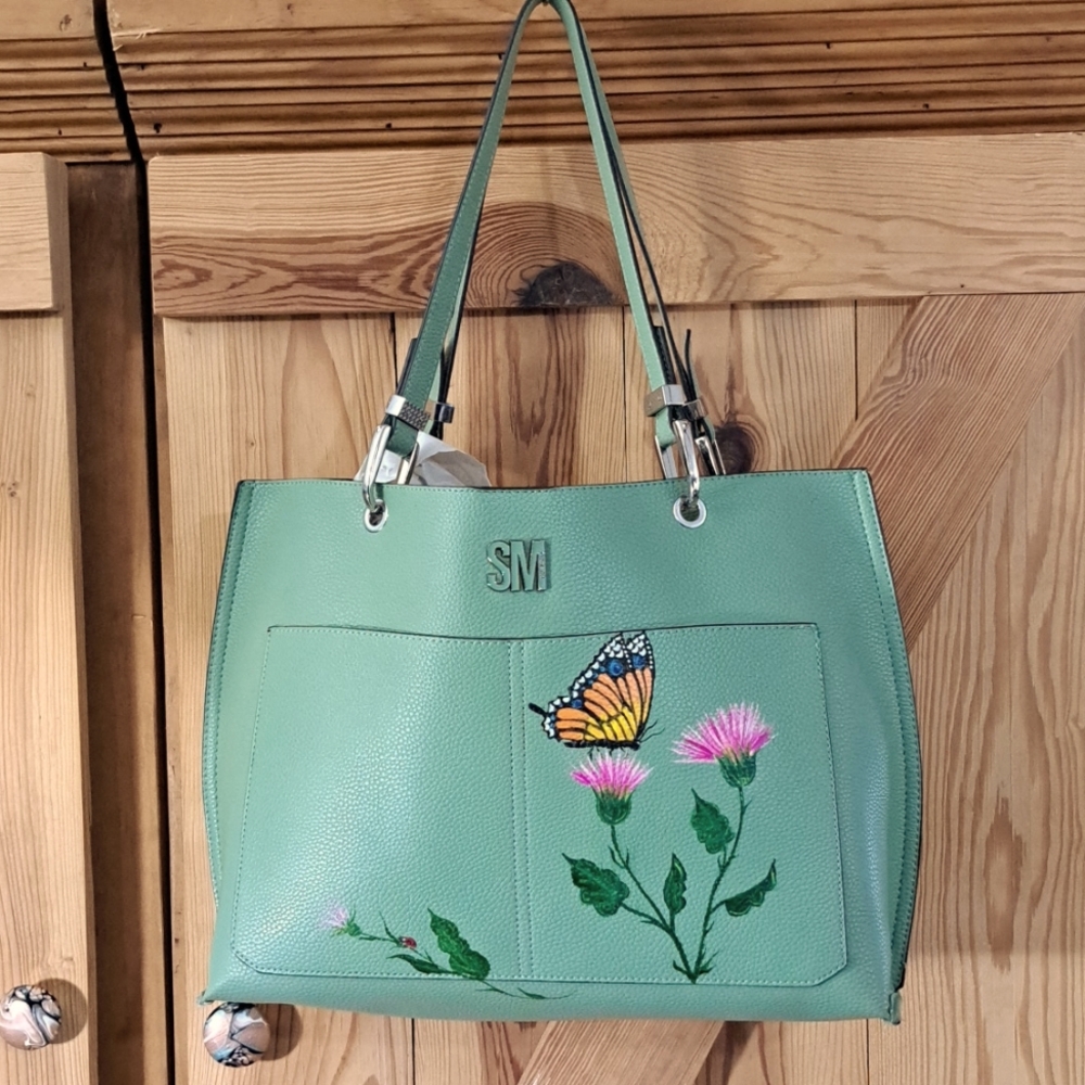 SOLD Hand Painted Upcycled Faux Leather Vegan Tote NWT Butterfly - Picture 1 of 16